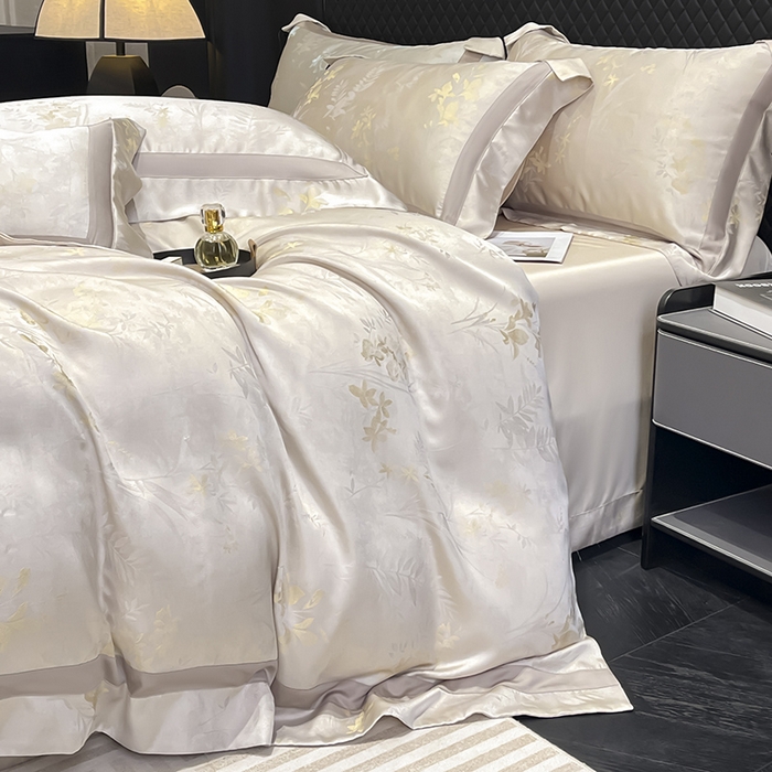 91家纺网 家纺一手货源 找家纺 2025春夏新款A类天丝棉贡缎提花四件套真丝全工艺丝滑裸睡床单床笠爆款床上用品 尤朵-柔杏