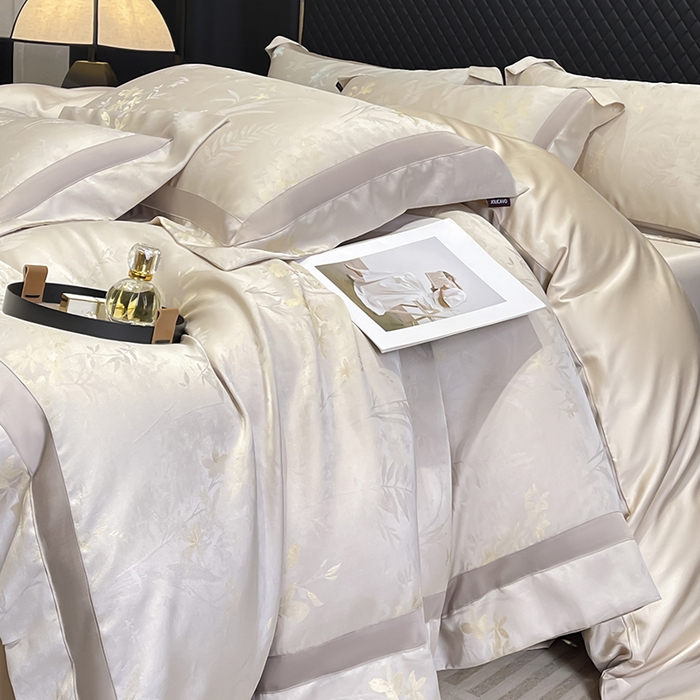 91家纺网 家纺一手货源 找家纺 2025春夏新款A类天丝棉贡缎提花四件套真丝全工艺丝滑裸睡床单床笠爆款床上用品 尤朵-柔杏