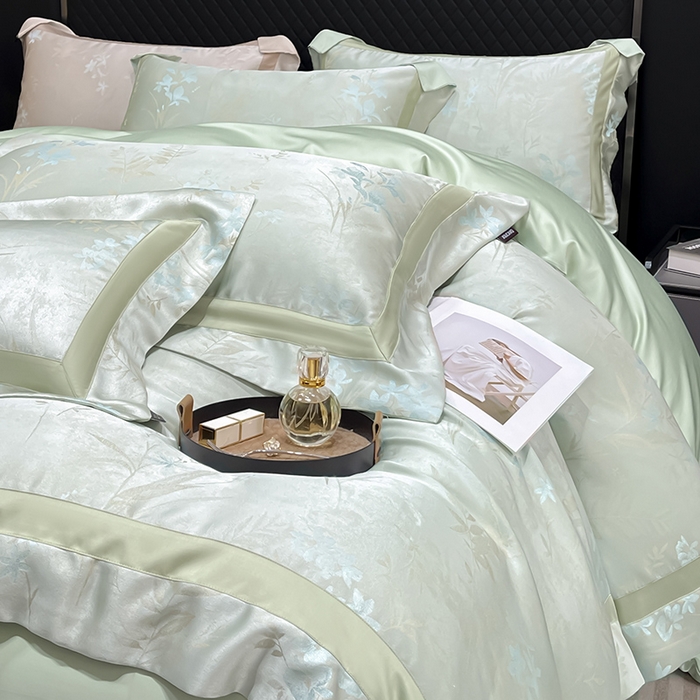 91家纺网 家纺一手货源 找家纺 2025春夏新款A类天丝棉贡缎提花四件套真丝全工艺丝滑裸睡床单床笠爆款床上用品 尤朵-绯绿