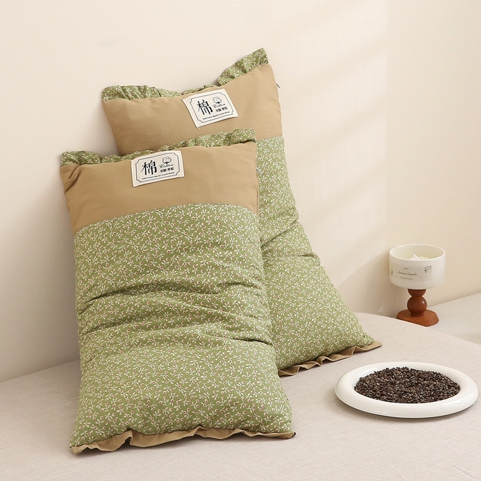 91家纺网 家纺一手货源 找家纺 梦叶草 2025新款全棉贴布绣小碎花荞麦枕头护颈枕芯 贴布绣小碎花荞麦枕-蛋白石绿35*55cm