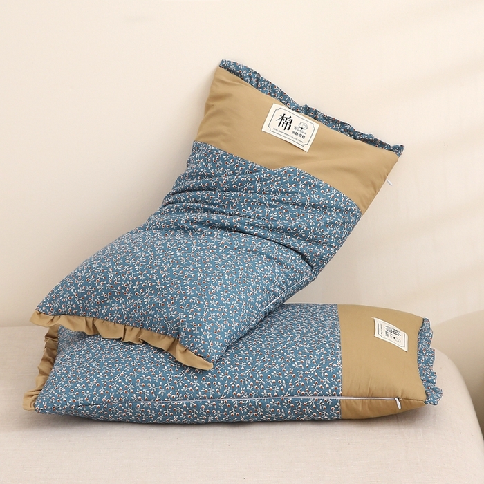 91家纺网 家纺一手货源 找家纺 梦叶草 2025新款全棉贴布绣小碎花荞麦枕头护颈枕芯 贴布绣小碎花荞麦枕-皇家蓝35*55cm