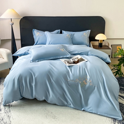 昊翔家纺 【量大价优】2025新款全棉纯棉长绒棉刺绣绣花四件套【配礼盒提供买家秀】 流韵花语-天空兰