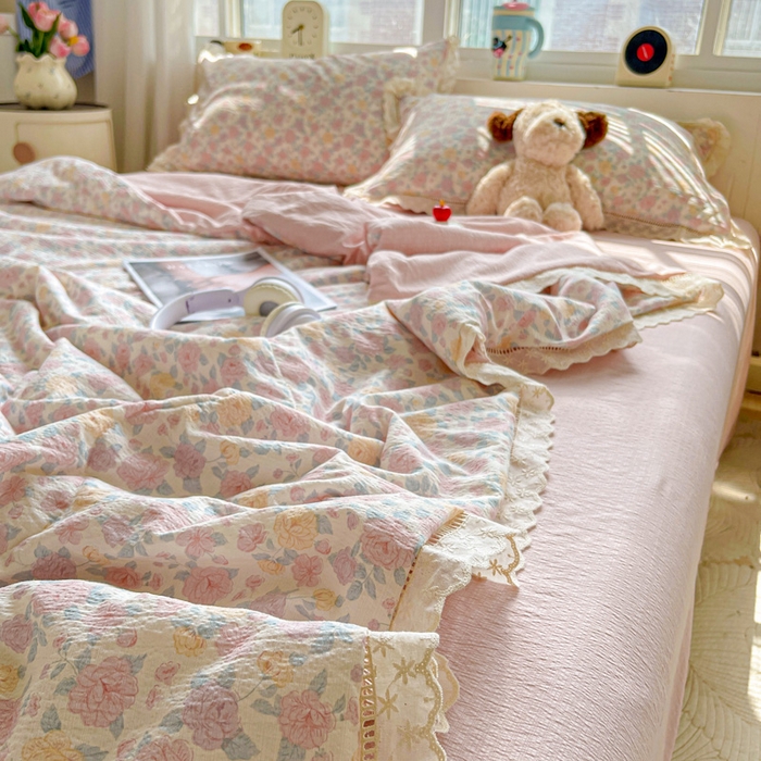 91家纺网 家纺一手货源 找家纺 （总）2025新款云感皱皱纱全棉花边款夏被四件套