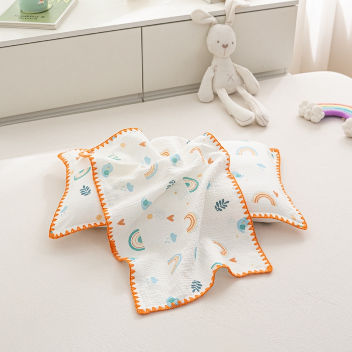 萌番宝 2025春夏新款纯棉A类全棉纯棉皱皱双层纱枕套工艺枕套儿童学生成人枕套单枕套 白蜡叶