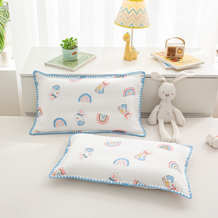 91家纺网 家纺一手货源 找家纺 萌番宝 2025春夏新款纯棉A类全棉纯棉皱皱双层纱枕套工艺枕套儿童学生成人枕套单枕套 彩虹玉兔