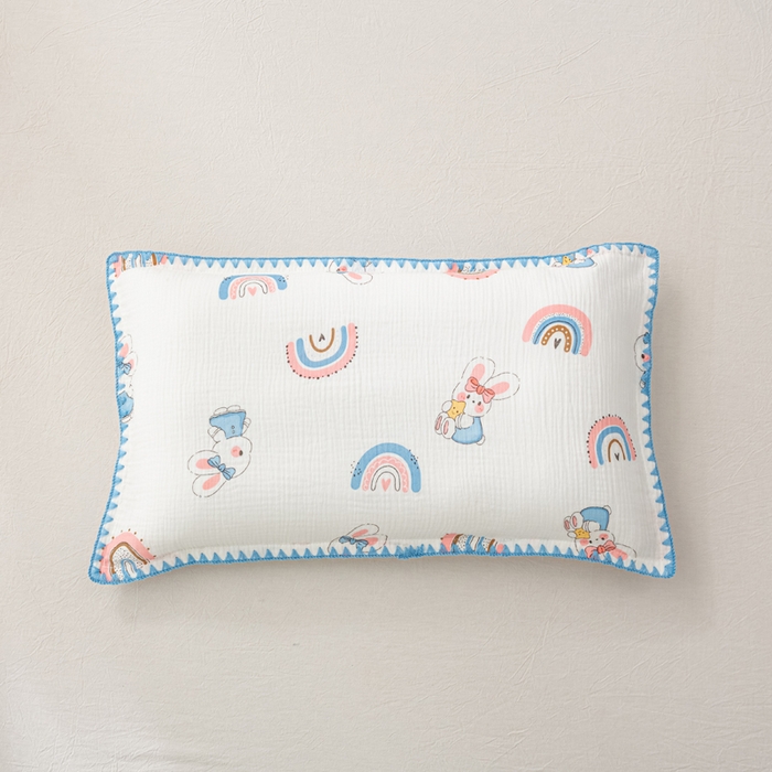 91家纺网 家纺一手货源 找家纺 萌番宝 2025春夏新款纯棉A类全棉纯棉皱皱双层纱枕套工艺枕套儿童学生成人枕套单枕套 彩虹玉兔