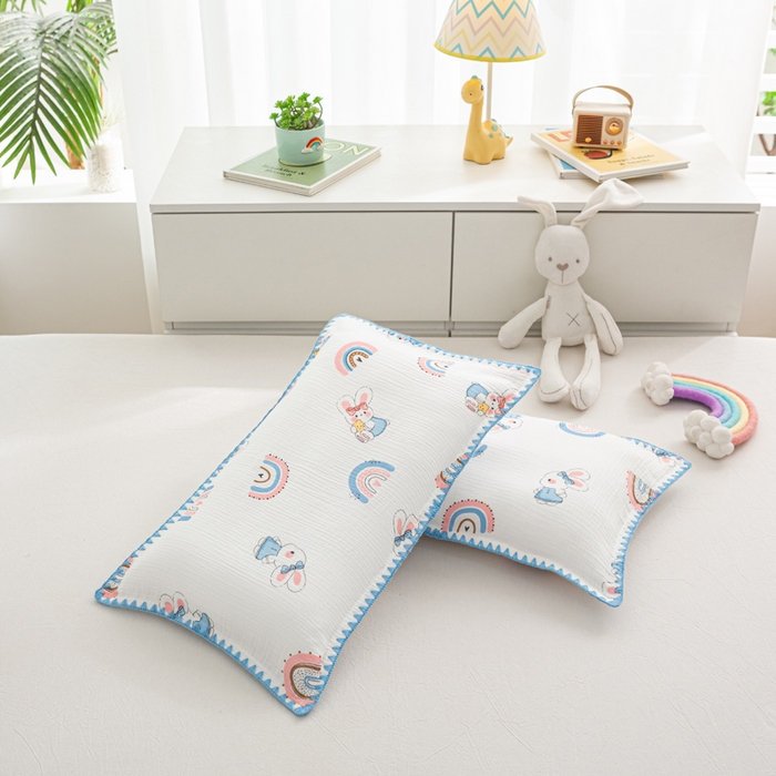 91家纺网 家纺一手货源 找家纺 萌番宝 2025春夏新款纯棉A类全棉纯棉皱皱双层纱枕套工艺枕套儿童学生成人枕套单枕套 彩虹玉兔