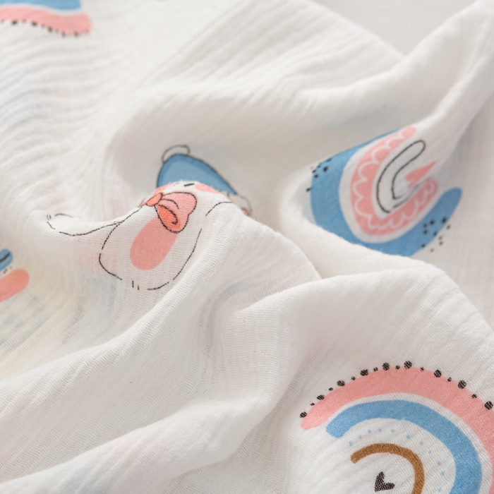 91家纺网 家纺一手货源 找家纺 萌番宝 2025春夏新款纯棉A类全棉纯棉皱皱双层纱枕套工艺枕套儿童学生成人枕套单枕套 彩虹玉兔