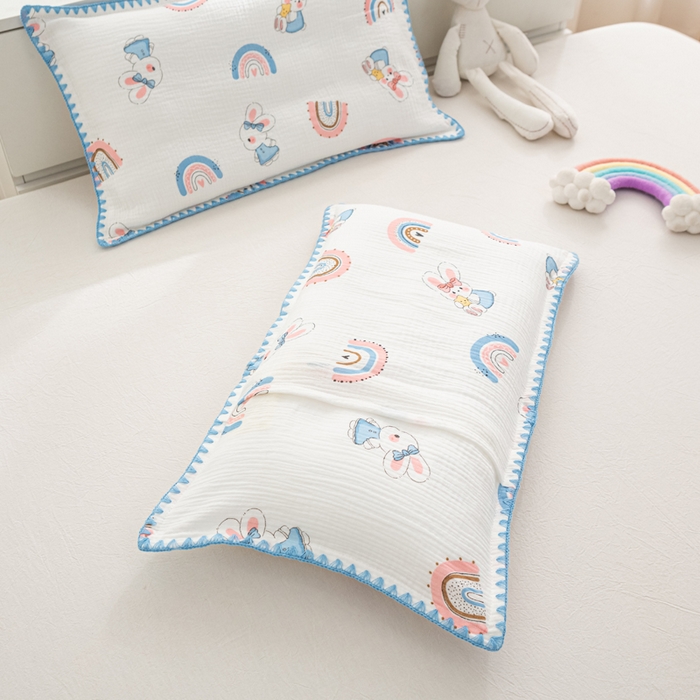 91家纺网 家纺一手货源 找家纺 萌番宝 2025春夏新款纯棉A类全棉纯棉皱皱双层纱枕套工艺枕套儿童学生成人枕套单枕套 彩虹玉兔