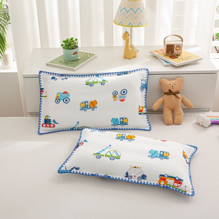 91家纺网 家纺一手货源 找家纺 萌番宝 2025春夏新款纯棉A类全棉纯棉皱皱双层纱枕套工艺枕套儿童学生成人枕套单枕套 工程车队