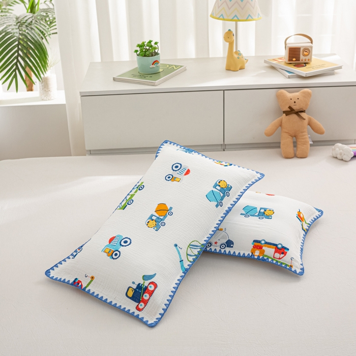 91家纺网 家纺一手货源 找家纺 萌番宝 2025春夏新款纯棉A类全棉纯棉皱皱双层纱枕套工艺枕套儿童学生成人枕套单枕套 工程车队