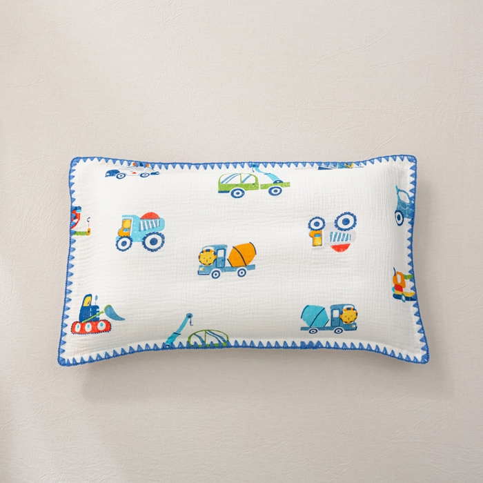 91家纺网 家纺一手货源 找家纺 萌番宝 2025春夏新款纯棉A类全棉纯棉皱皱双层纱枕套工艺枕套儿童学生成人枕套单枕套 工程车队