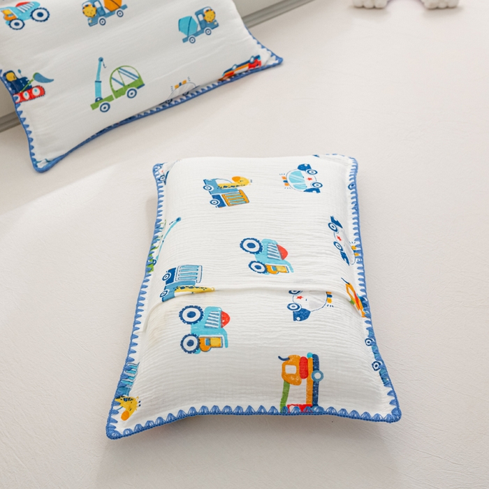 91家纺网 家纺一手货源 找家纺 萌番宝 2025春夏新款纯棉A类全棉纯棉皱皱双层纱枕套工艺枕套儿童学生成人枕套单枕套 工程车队