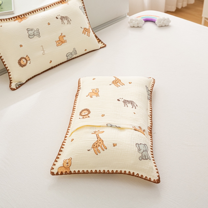 91家纺网 家纺一手货源 找家纺 萌番宝 2025春夏新款纯棉A类全棉纯棉皱皱双层纱枕套工艺枕套儿童学生成人枕套单枕套 红山动物城