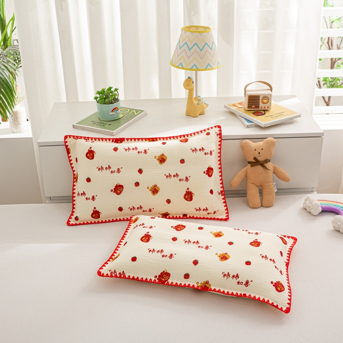 91家纺网 家纺一手货源 找家纺 萌番宝 2025春夏新款纯棉A类全棉纯棉皱皱双层纱枕套工艺枕套儿童学生成人枕套单枕套 柿柿如意