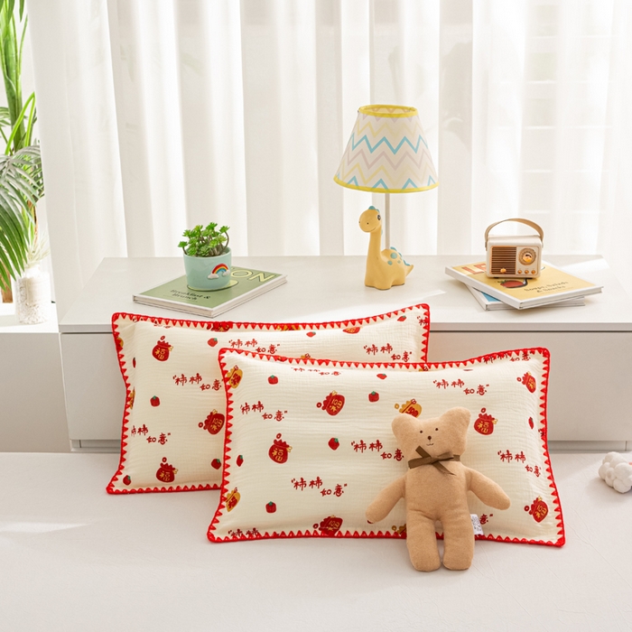 91家纺网 家纺一手货源 找家纺 萌番宝 2025春夏新款纯棉A类全棉纯棉皱皱双层纱枕套工艺枕套儿童学生成人枕套单枕套 柿柿如意