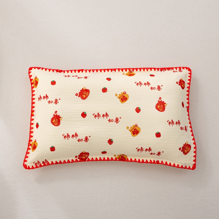 91家纺网 家纺一手货源 找家纺 萌番宝 2025春夏新款纯棉A类全棉纯棉皱皱双层纱枕套工艺枕套儿童学生成人枕套单枕套 柿柿如意