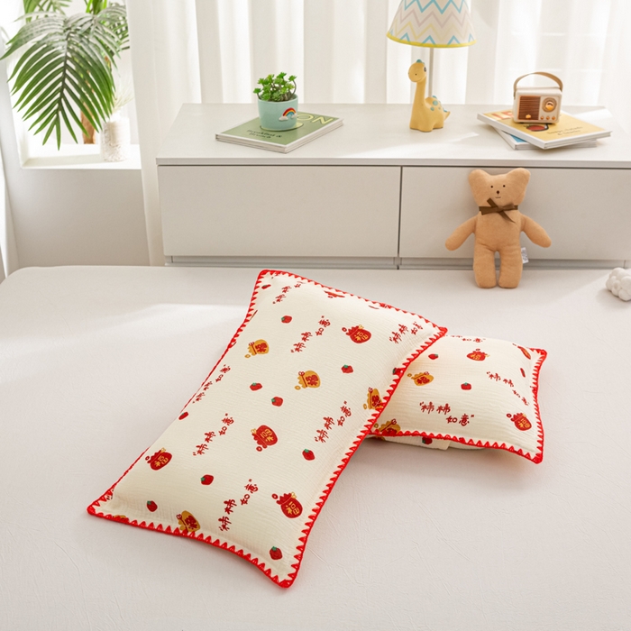 91家纺网 家纺一手货源 找家纺 萌番宝 2025春夏新款纯棉A类全棉纯棉皱皱双层纱枕套工艺枕套儿童学生成人枕套单枕套 柿柿如意