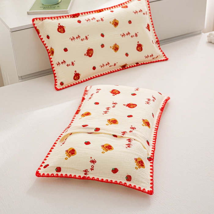 91家纺网 家纺一手货源 找家纺 萌番宝 2025春夏新款纯棉A类全棉纯棉皱皱双层纱枕套工艺枕套儿童学生成人枕套单枕套 柿柿如意