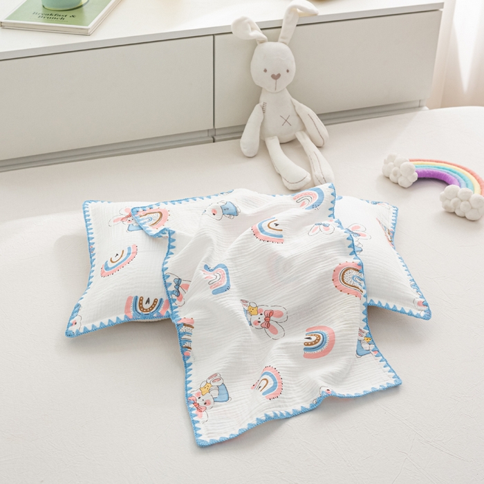 91家纺网 家纺一手货源 找家纺 萌番宝 2025春夏新款纯棉A类全棉纯棉皱皱双层纱枕套工艺枕套儿童学生成人枕套单枕套 彩虹玉兔