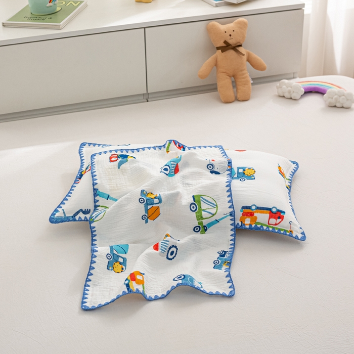 91家纺网 家纺一手货源 找家纺 萌番宝 2025春夏新款纯棉A类全棉纯棉皱皱双层纱枕套工艺枕套儿童学生成人枕套单枕套 工程车队