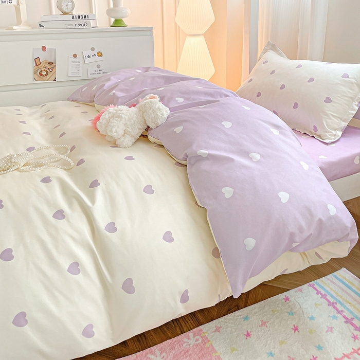 91家纺网 家纺一手货源 找家纺 朵朵2025新款芦荟棉学生床四件套 爱心灰