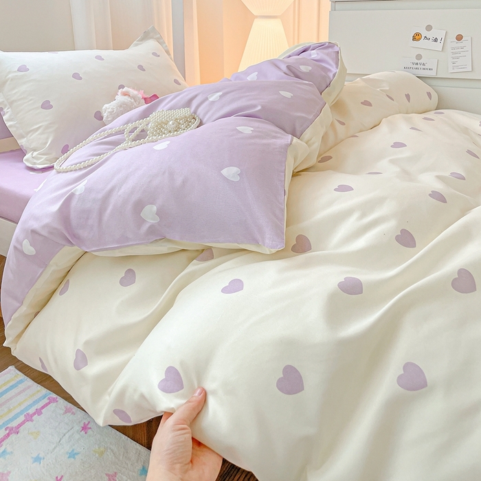 91家纺网 家纺一手货源 找家纺 朵朵2025新款芦荟棉学生床四件套 爱心灰