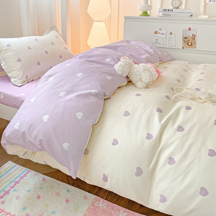 91家纺网 家纺一手货源 找家纺 朵朵2025新款芦荟棉学生床四件套 爱心灰