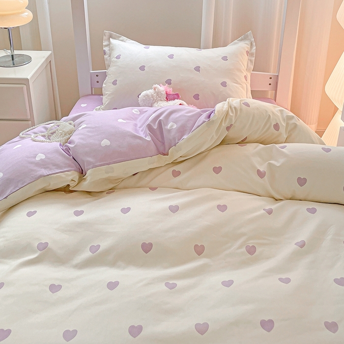 91家纺网 家纺一手货源 找家纺 朵朵2025新款芦荟棉学生床四件套 爱心灰