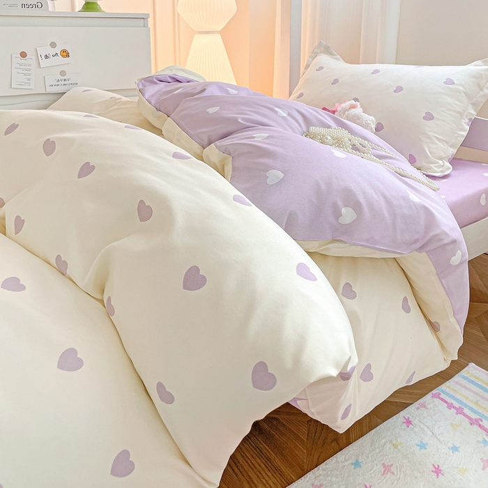 91家纺网 家纺一手货源 找家纺 朵朵2025新款芦荟棉学生床四件套 爱心灰