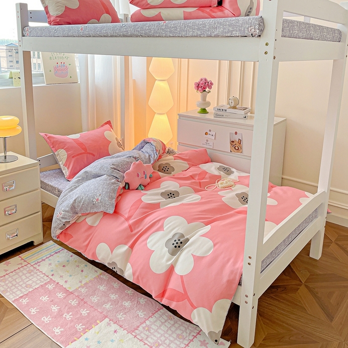 91家纺网 家纺一手货源 找家纺 朵朵2025新款芦荟棉学生床四件套 春暖花开-粉