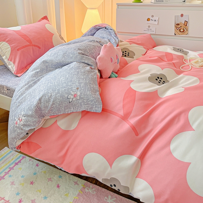 91家纺网 家纺一手货源 找家纺 朵朵2025新款芦荟棉学生床四件套 春暖花开-粉