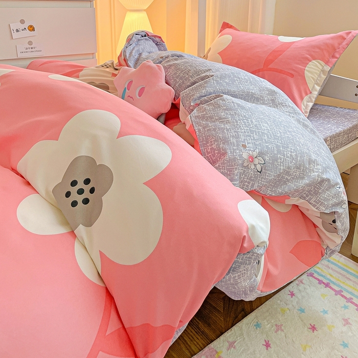 91家纺网 家纺一手货源 找家纺 朵朵2025新款芦荟棉学生床四件套 春暖花开-粉