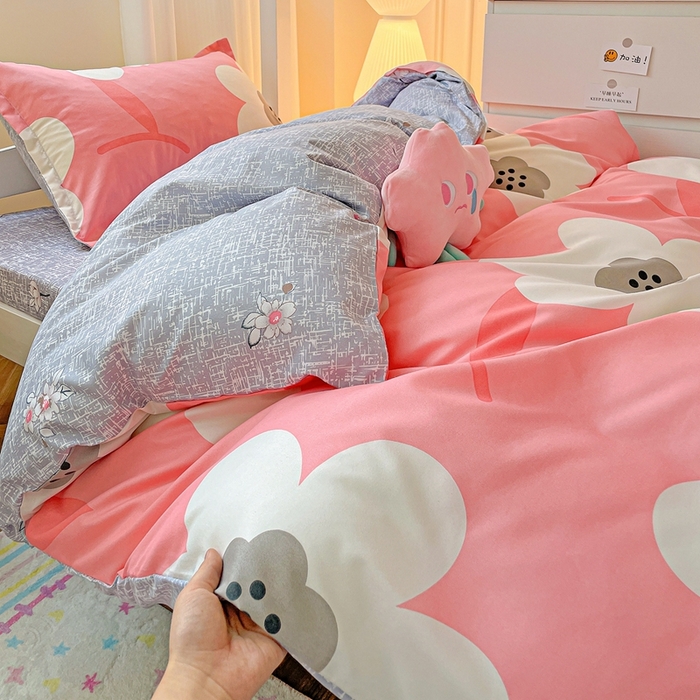 91家纺网 家纺一手货源 找家纺 朵朵2025新款芦荟棉学生床四件套 春暖花开-粉