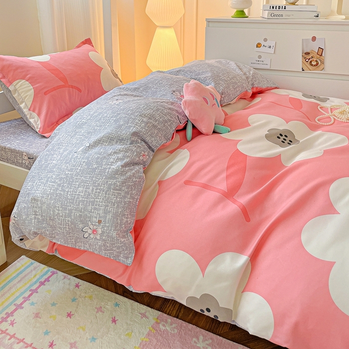 91家纺网 家纺一手货源 找家纺 朵朵2025新款芦荟棉学生床四件套 春暖花开-粉