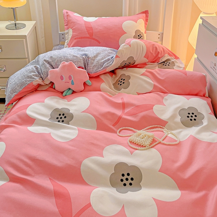 91家纺网 家纺一手货源 找家纺 朵朵2025新款芦荟棉学生床四件套 春暖花开-粉