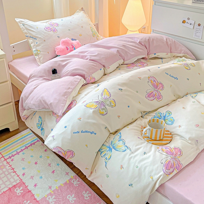 91家纺网 家纺一手货源 找家纺 朵朵2025新款芦荟棉学生床四件套 蝴蝶仙子