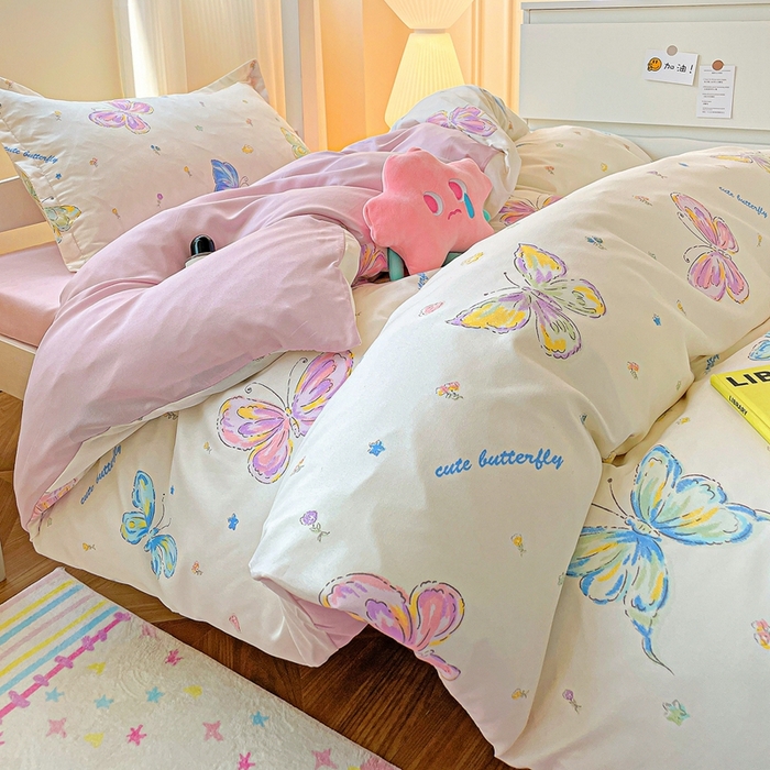 91家纺网 家纺一手货源 找家纺 朵朵2025新款芦荟棉学生床四件套 蝴蝶仙子