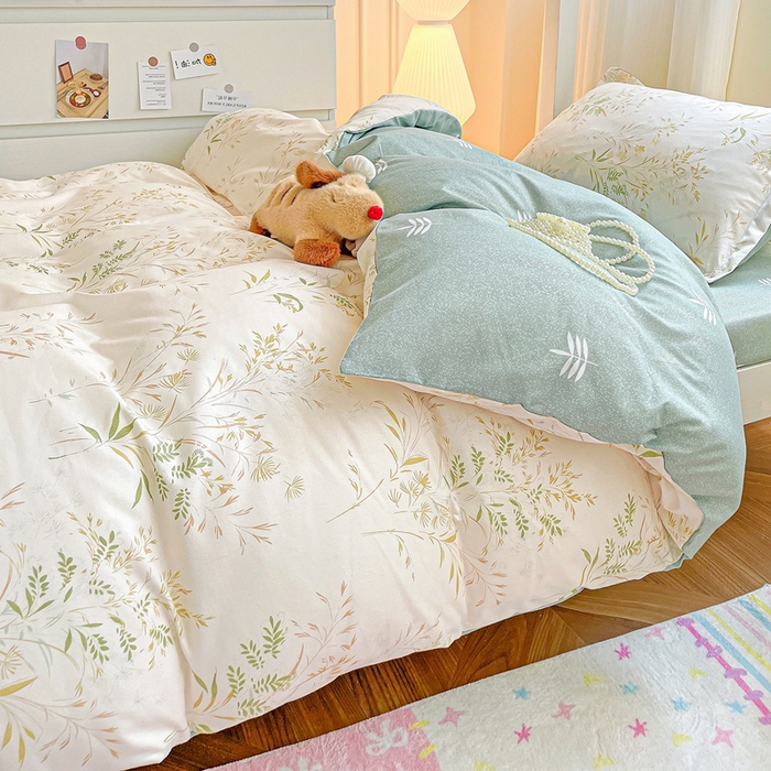 91家纺网 家纺一手货源 找家纺 朵朵2025新款芦荟棉学生床四件套 仙草