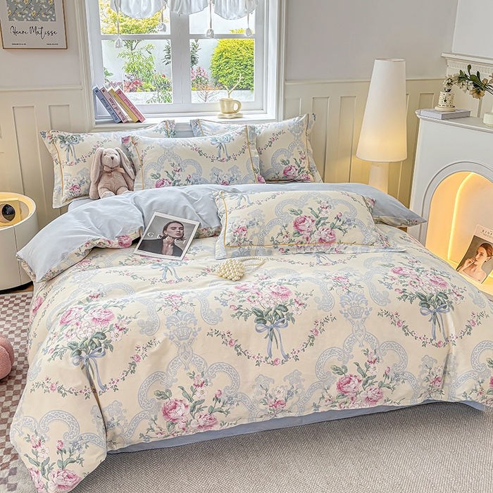 91家纺网 家纺一手货源 找家纺 宇彬家纺 2025直播新款13070全棉纯棉印花床单床笠款四件套和单被套一字绣工艺款 一字绣 琉璃如梦