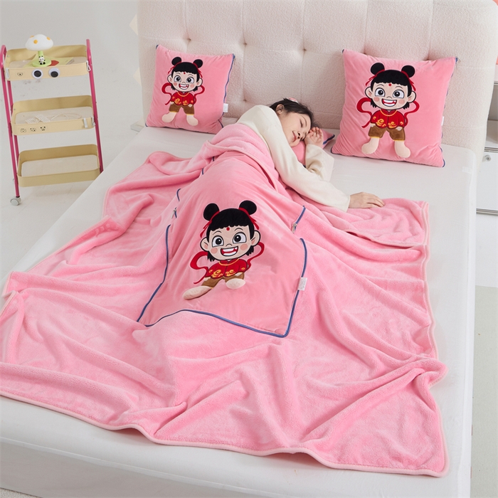 91家纺网 家纺一手货源 找家纺 （总）吉利家居 2025新款法莱绒贴布立体刺绣抱枕毯