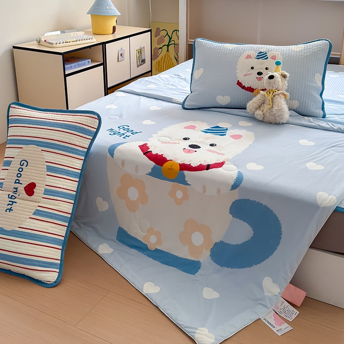 91家纺网 家纺一手货源 找家纺 RYB红黄兰 2025新款A类INS原创大版卡通冰皮锦氨超凉感夏被夏凉被空调被 茶杯西高地夏被