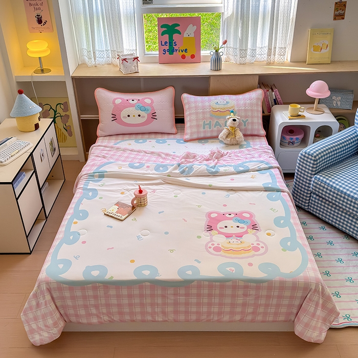 91家纺网 家纺一手货源 找家纺 RYB红黄兰 2025新款A类INS原创大版卡通冰皮锦氨超凉感夏被夏凉被空调被 蛋糕小奶猫夏被