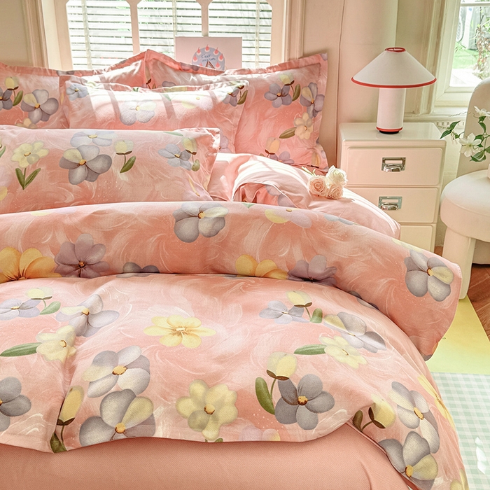 91家纺网 家纺一手货源 找家纺 优逸家纺 2025新款植物羊绒小清新斜纹磨毛四件套,暖意花开