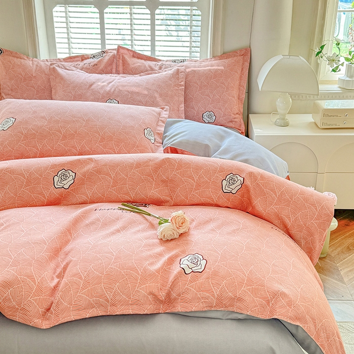 91家纺网 家纺一手货源 找家纺 优逸家纺 2025新款植物羊绒小清新斜纹磨毛四件套,山茶花桔