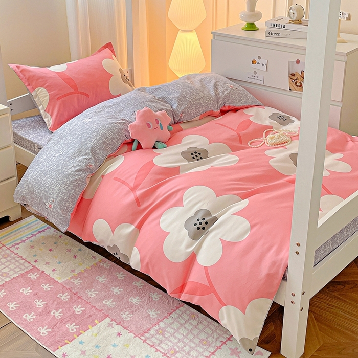 91家纺网 家纺一手货源 找家纺 朵朵2025新款芦荟棉学生床单被套 春暖花开-粉