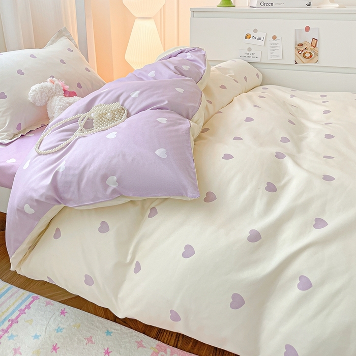 91家纺网 家纺一手货源 找家纺 朵朵2025新款芦荟棉学生床单被套 爱心灰