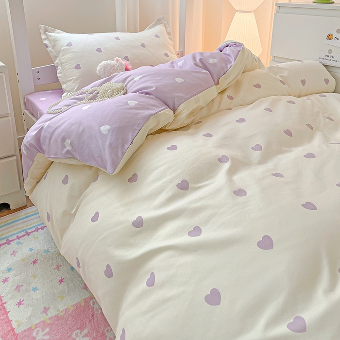 91家纺网 家纺一手货源 找家纺 朵朵2025新款芦荟棉学生床单被套 爱心灰