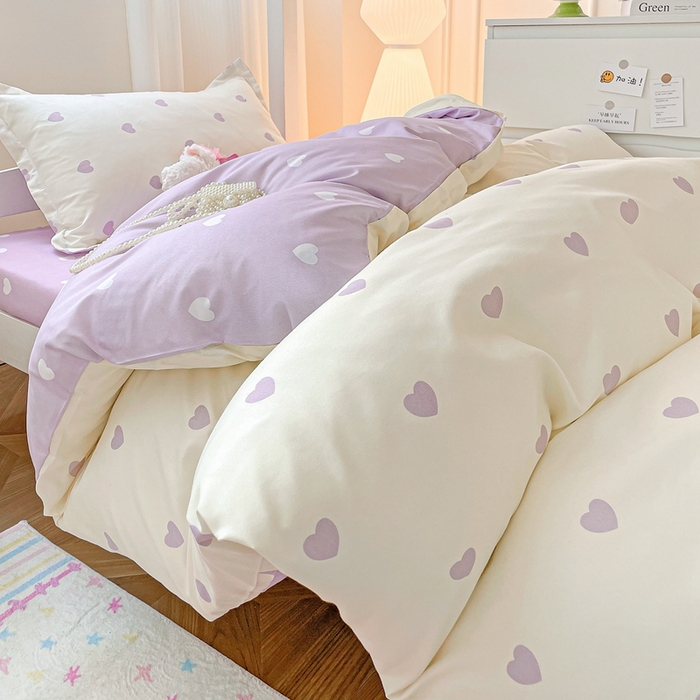 91家纺网 家纺一手货源 找家纺 朵朵2025新款芦荟棉学生床单被套 爱心灰