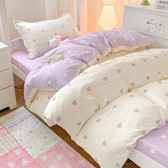 91家纺网 家纺一手货源 找家纺 朵朵2025新款芦荟棉学生床单被套 爱心灰